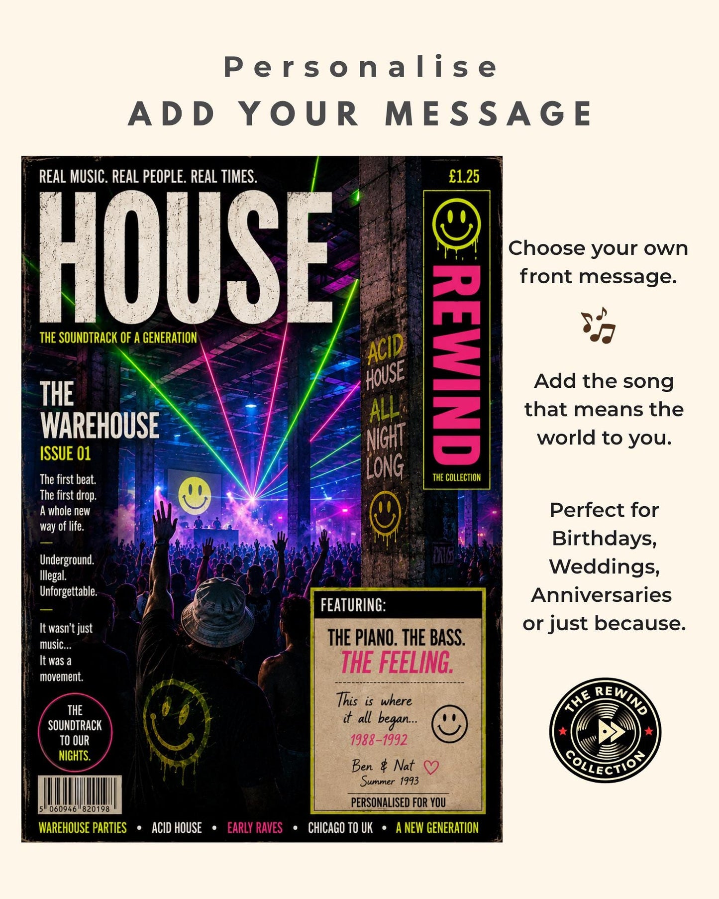 Personalised House Music Birthday Card, Acid House Gift, Old Skool Rave Card, Warehouse Party Gift, 90s Rave Lover Gift