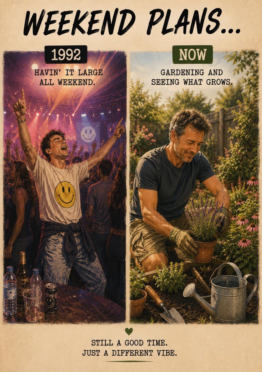 Gen X Birthday Card, Weekend Plans Then And Now, 90s Rave Birthday Card, Funny Gardening Card, Funny Birthday Card For Him, Gen X Humour,