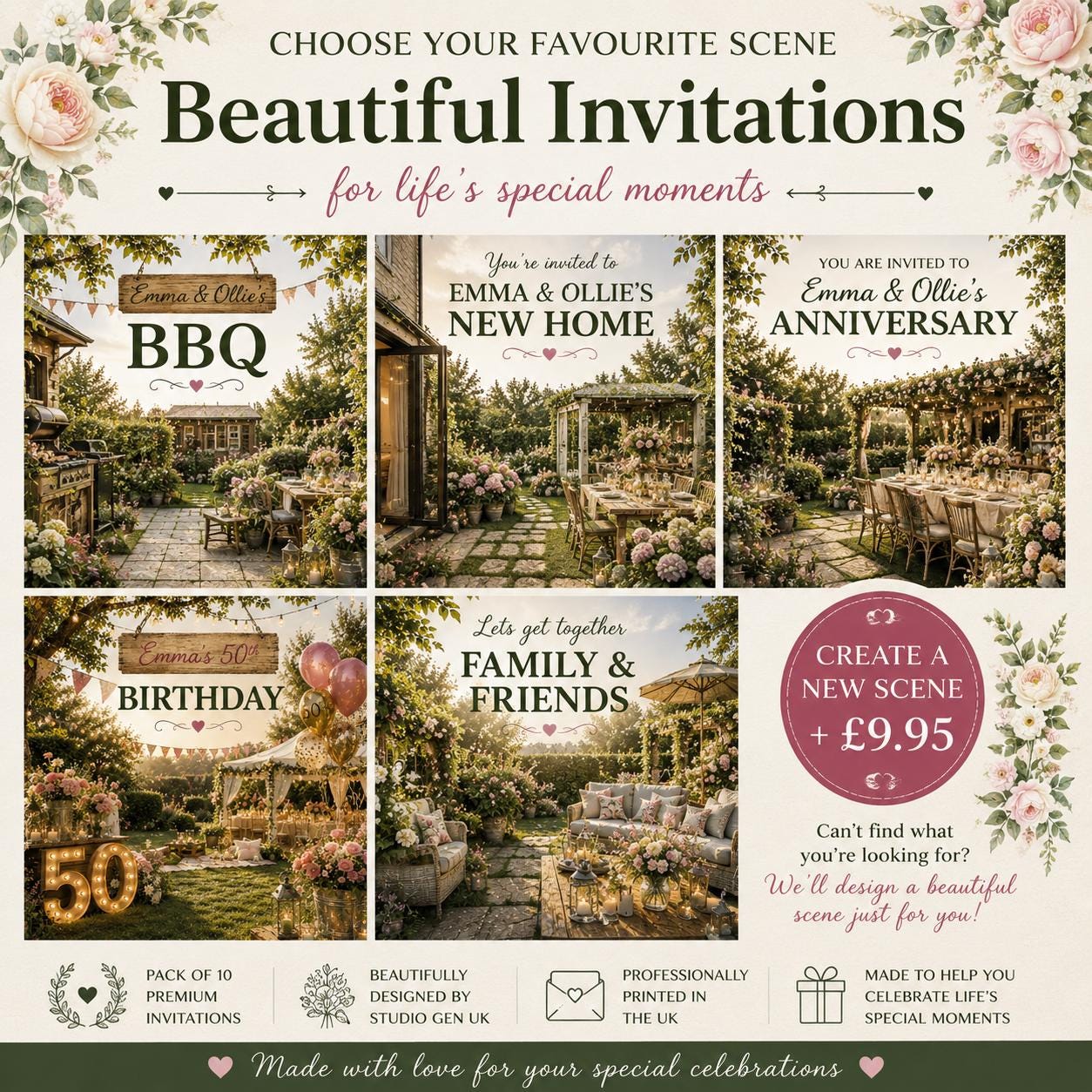 Personalised Invitations, Garden Party, Birthday, BBQ, Retirement & Celebration Invites, Choose Your Favourite Scene, Pack of 10