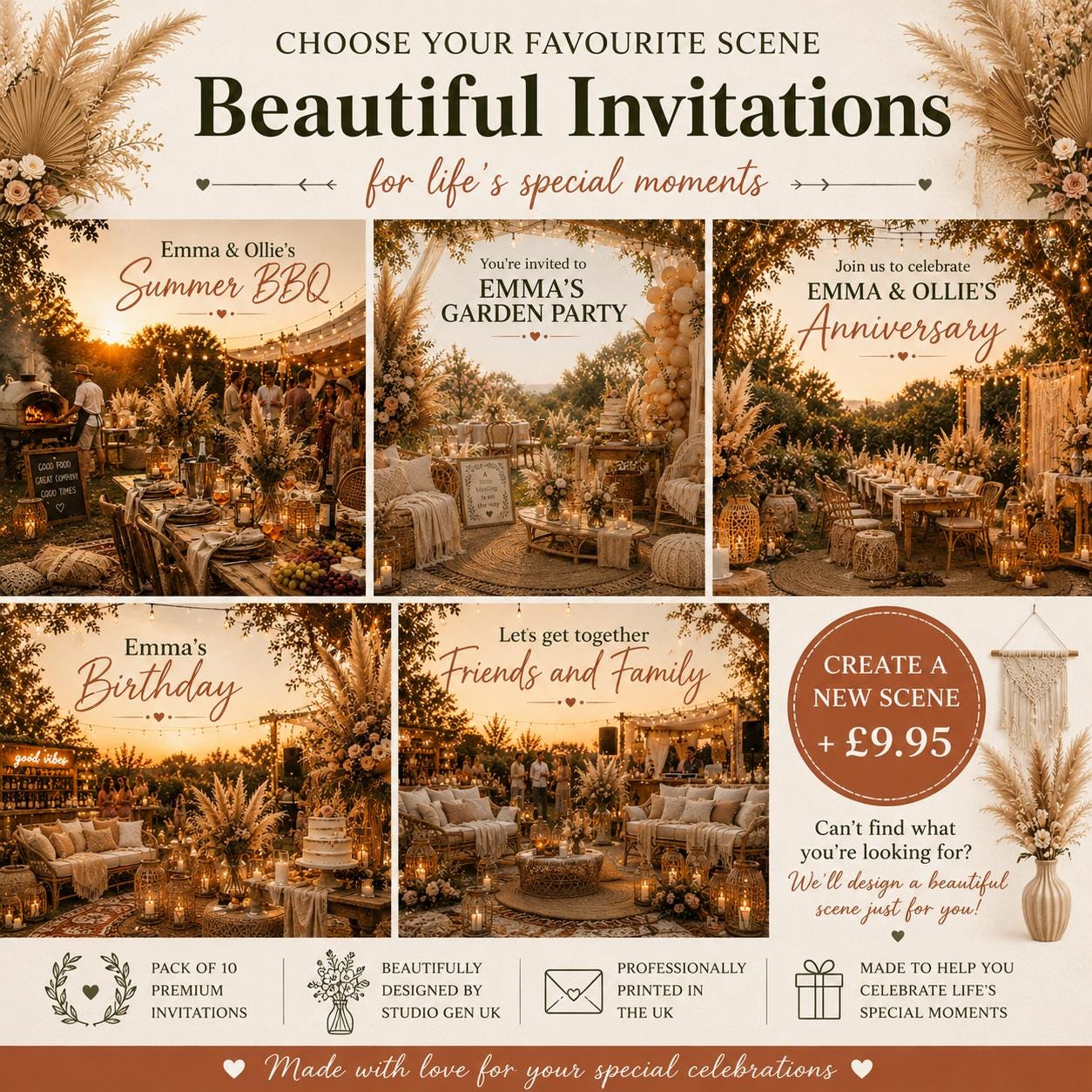 Personalised Invitations, Garden Party, Birthday, BBQ, Retirement & Celebration Invites, Choose Your Favourite Scene, Pack of 10