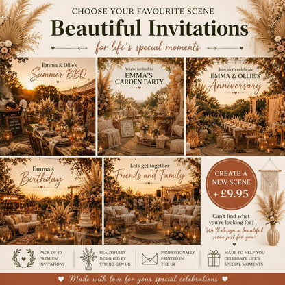 Personalised Invitations, Garden Party, Birthday, BBQ, Retirement & Celebration Invites, Choose Your Favourite Scene, Pack of 10