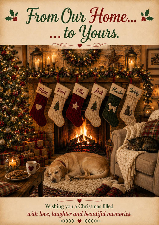 From Our Home to Yours Christmas Card, Personalised Family Christmas Card, Cosy Christmas Card, 6 Festive Designs