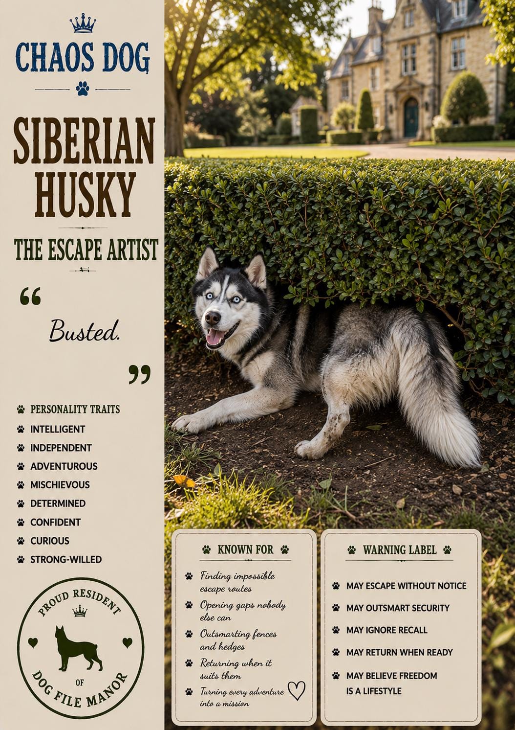 Siberian Husky Escape Artist Card, Funny Chaos Dog Greeting, Dog Lover Gift