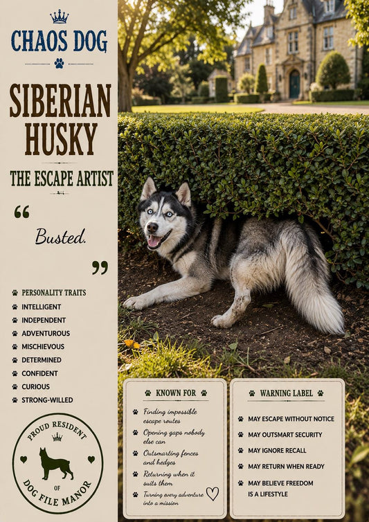 Siberian Husky Escape Artist Card, Funny Chaos Dog Greeting, Dog Lover Gift