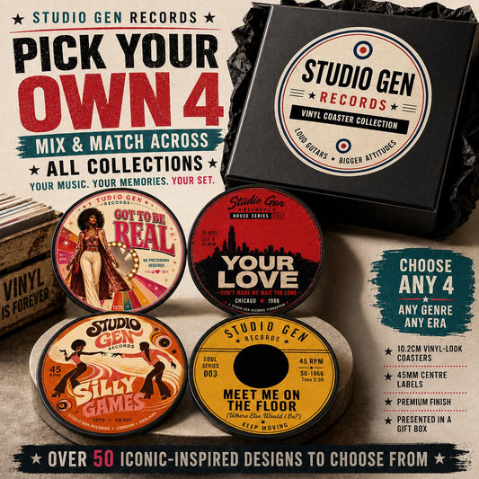 Build Your Own Vinyl Record Coaster Set – Choose Any 4 Designs – Retro Music Gift – Britpop House Disco Northern Soul Reggae