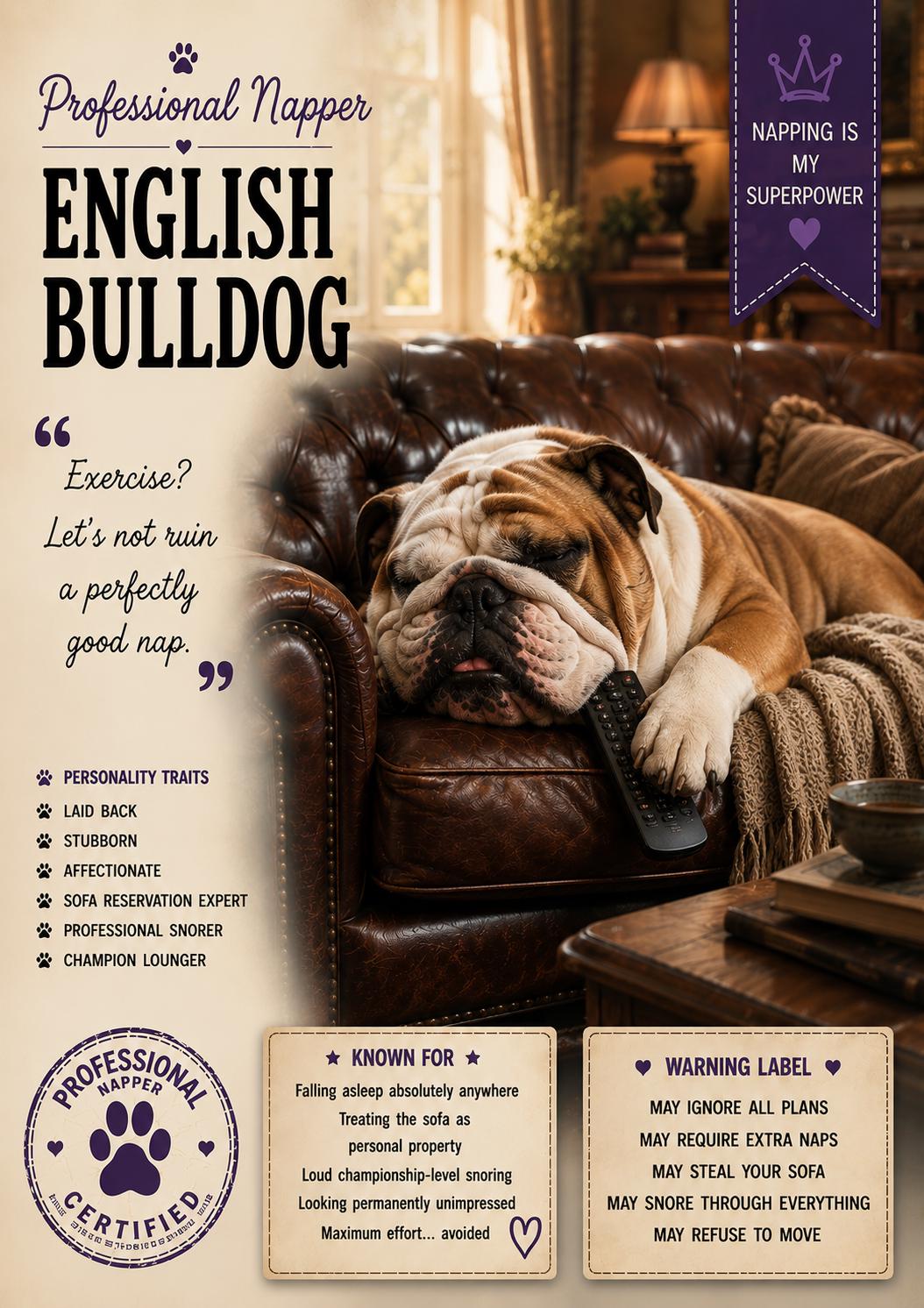 English Bulldog Card, Lazy Dog Gift, Dog Mum Present