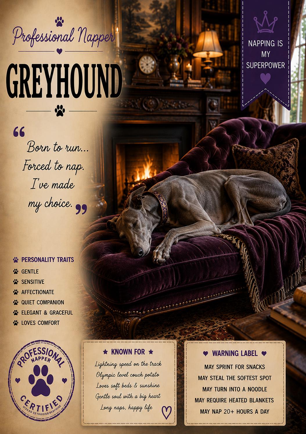 Funny Greyhound Card, Lazy Dog Gift, Professional Napper Greeting Card (A5)