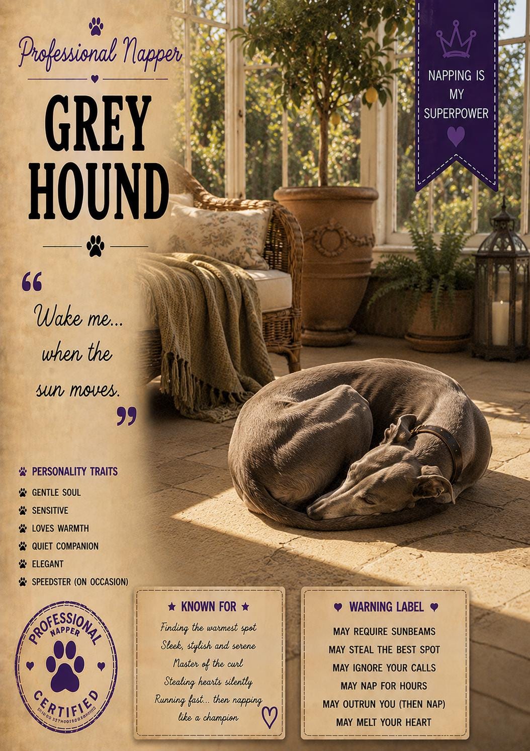 Funny Greyhound Card, Lazy Dog Gift, Professional Napper Greeting Card (A5)