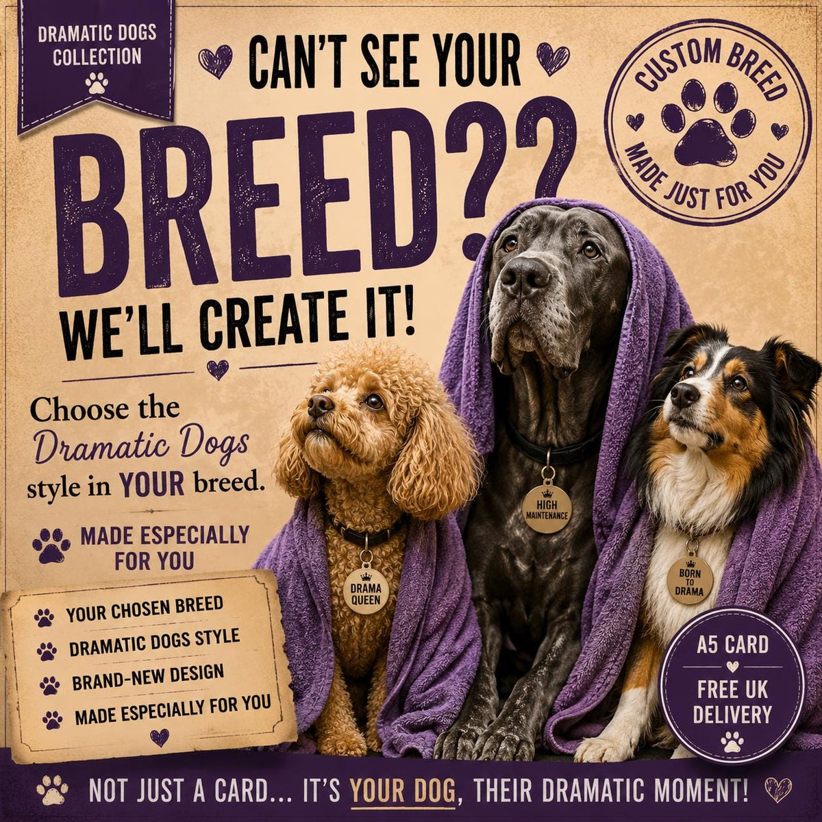 Custom Dramatic Dog Breed Card, Personalized Birthday Gift (A5 Card)