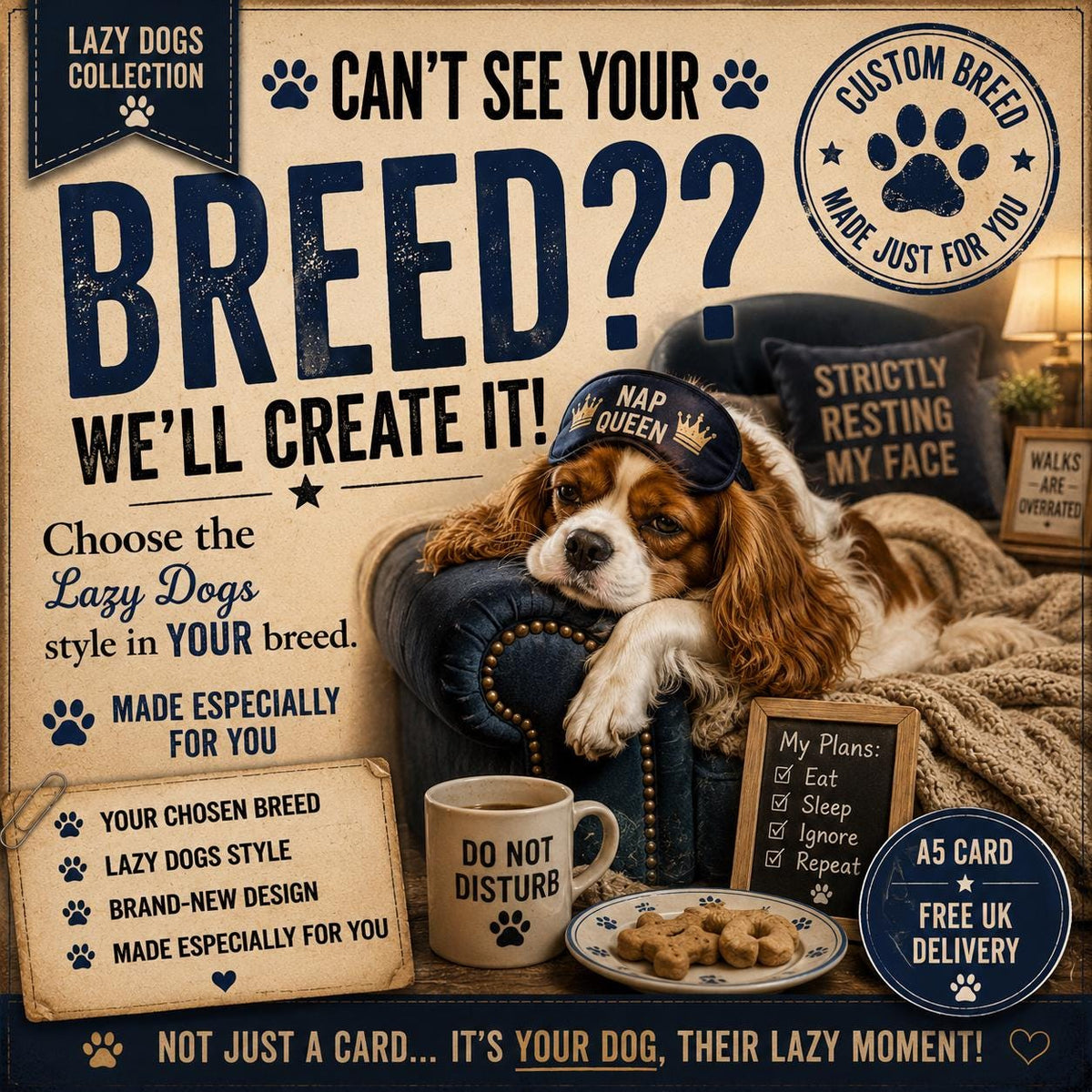 Custom Lazy Dog Breed Card, Personalized Nap Enthusiast Gift (A5 Card)