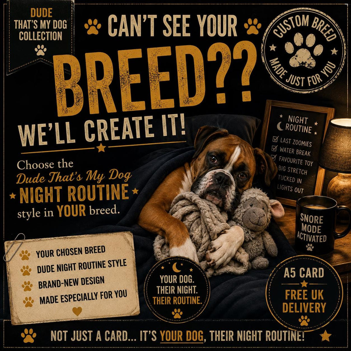 Custom Dog Breed Night Routine Card, Personalized Gift (A5)