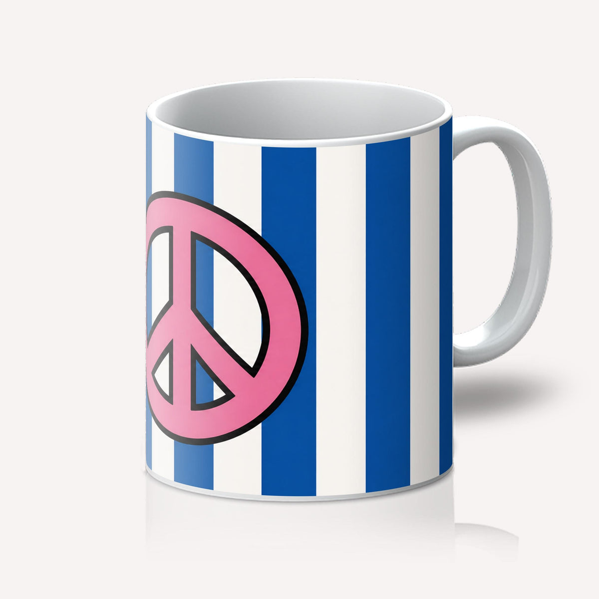 Retro Peace Sign Mug, Colourful Striped Coffee Cup, Pink and Blue 70s Gift, Groovy Homeware, 11oz Ceramic Mug