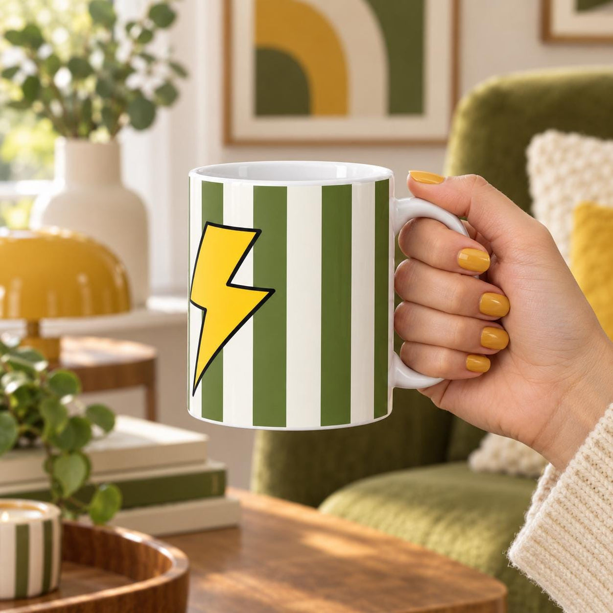 Lightning Bolt Mug, Retro Striped Coffee Cup, Green and Yellow Mug, Colourful 70s Gift, Funky 11oz Ceramic Mug