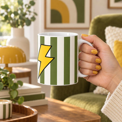 Lightning Bolt Mug, Retro Striped Coffee Cup, Green and Yellow Mug, Colourful 70s Gift, Funky 11oz Ceramic Mug