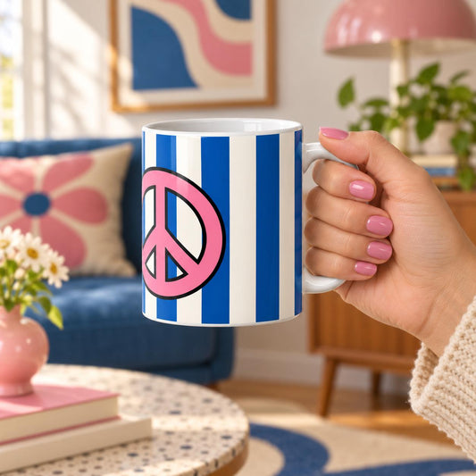 Retro Peace Sign Mug, Colourful Striped Coffee Cup, Pink and Blue 70s Gift, Groovy Homeware, 11oz Ceramic Mug
