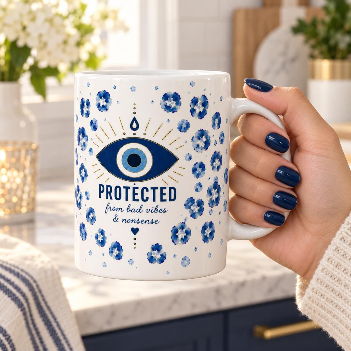 Evil Eye Mug, Protection Gift, Blue Leopard Print Mug, Spiritual Gift for Her, Bad Vibes Funny Mug, 11oz Ceramic Mug