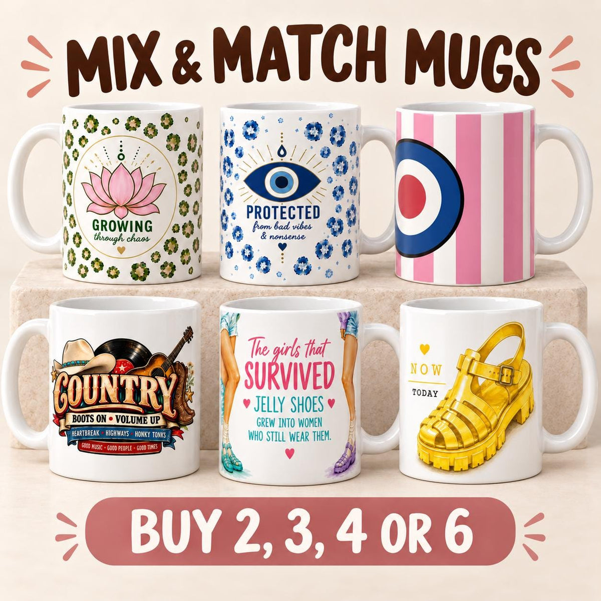 Mix and Match Mugs, Mug Gift Set, Choose Any 2 3 4 or 6 Mugs, 11oz Ceramic Cups, Birthday Gift, Free UK Delivery