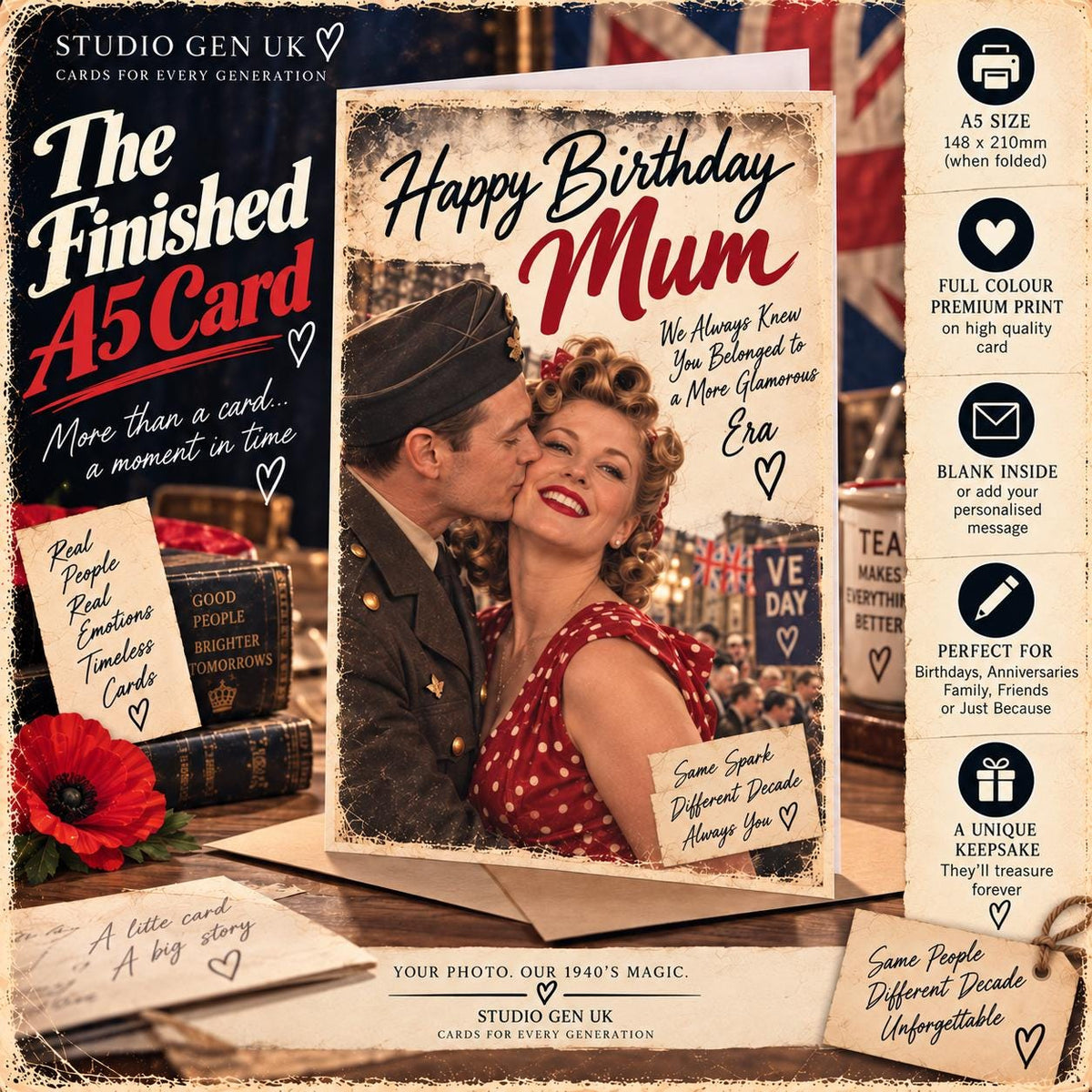 Personalised 1940s Photo Card, Custom Birthday Anniversary Card, Wartime Britain Gift, Choose Your Era Card