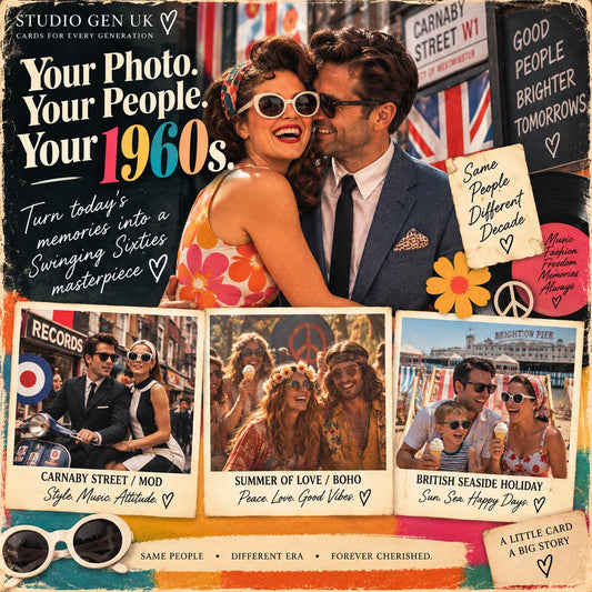 Personalised 1960s Photo Card, Custom Birthday Anniversary Card, Retro Sixties Gift, Choose Your Era Card