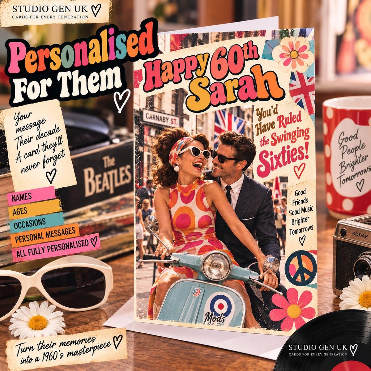 Personalised 1960s Photo Card, Custom Birthday Anniversary Card, Retro Sixties Gift, Choose Your Era Card