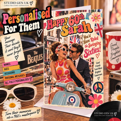 Personalised 1960s Photo Card, Custom Birthday Anniversary Card, Retro Sixties Gift, Choose Your Era Card