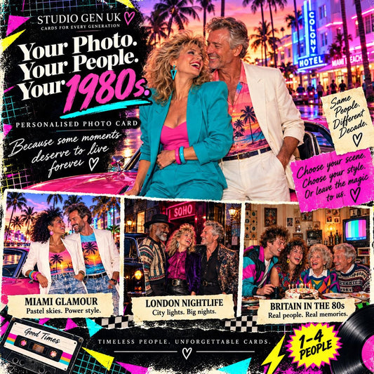 Personalised 1980s Photo Card, Custom 80s Birthday Card, Retro Gift for Mum Dad, Choose Your Scene and Style