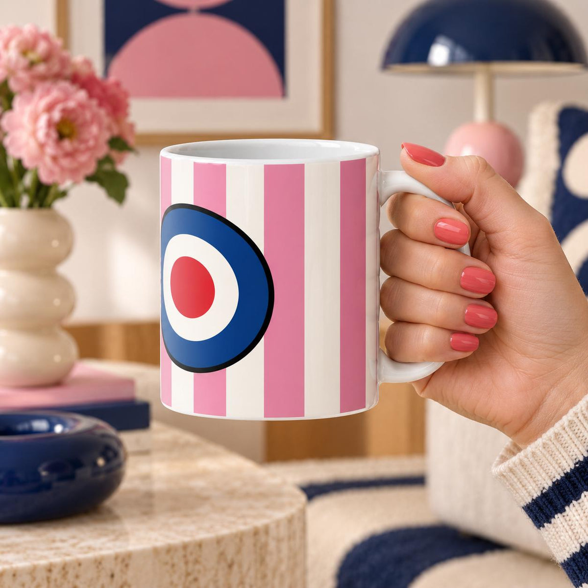 Pink Mod Target Mug, 60s Retro Mug, British Mod Gift, Pink Striped Coffee Cup, Retro Gift for Her