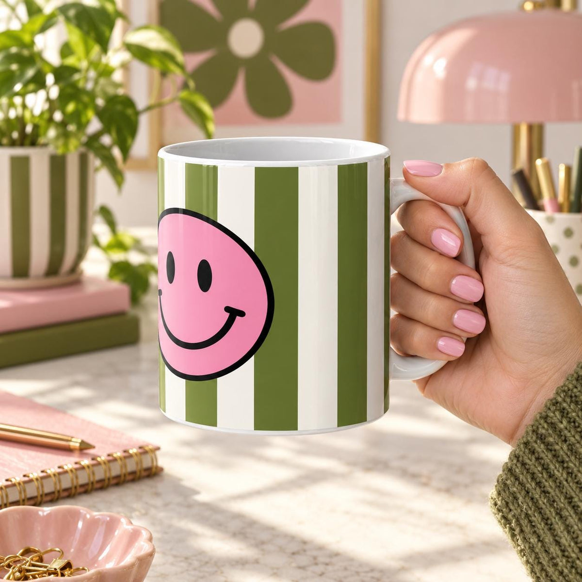 Pink Smiley Face Mug, Green Striped Mug, Retro 70s Coffee Cup, Happy Gift for Her, Colourful Kitchen Gift