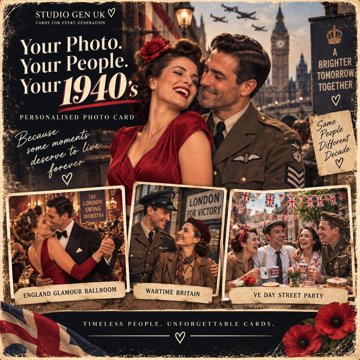 Personalised 1940s Photo Card, Custom Birthday Anniversary Card, Wartime Britain Gift, Choose Your Era Card
