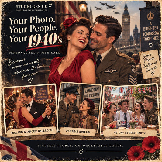 Personalised 1940s Photo Card, Custom Birthday Anniversary Card, Wartime Britain Gift, Choose Your Era Card