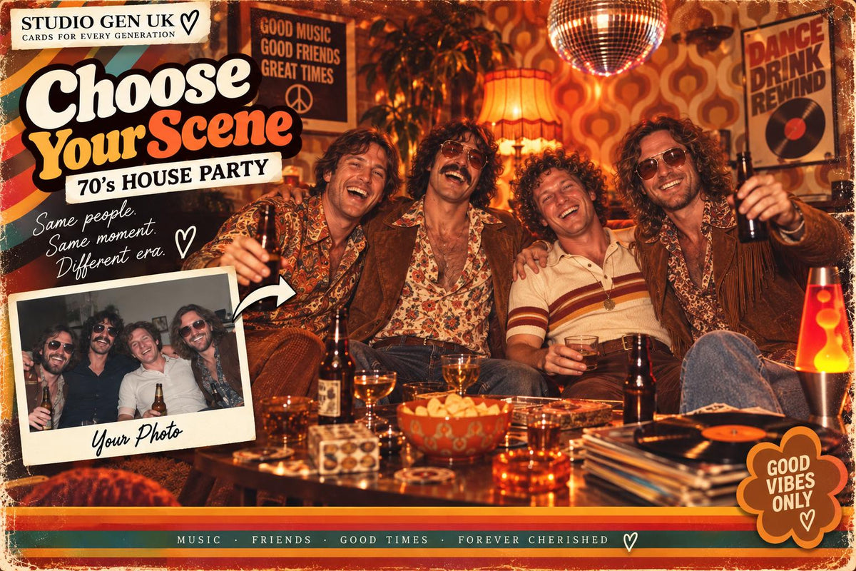 Personalised 1970s Photo Card, Custom Birthday Card, Retro 70s Gift, Mum Dad Anniversary Card, Choose Your Era
