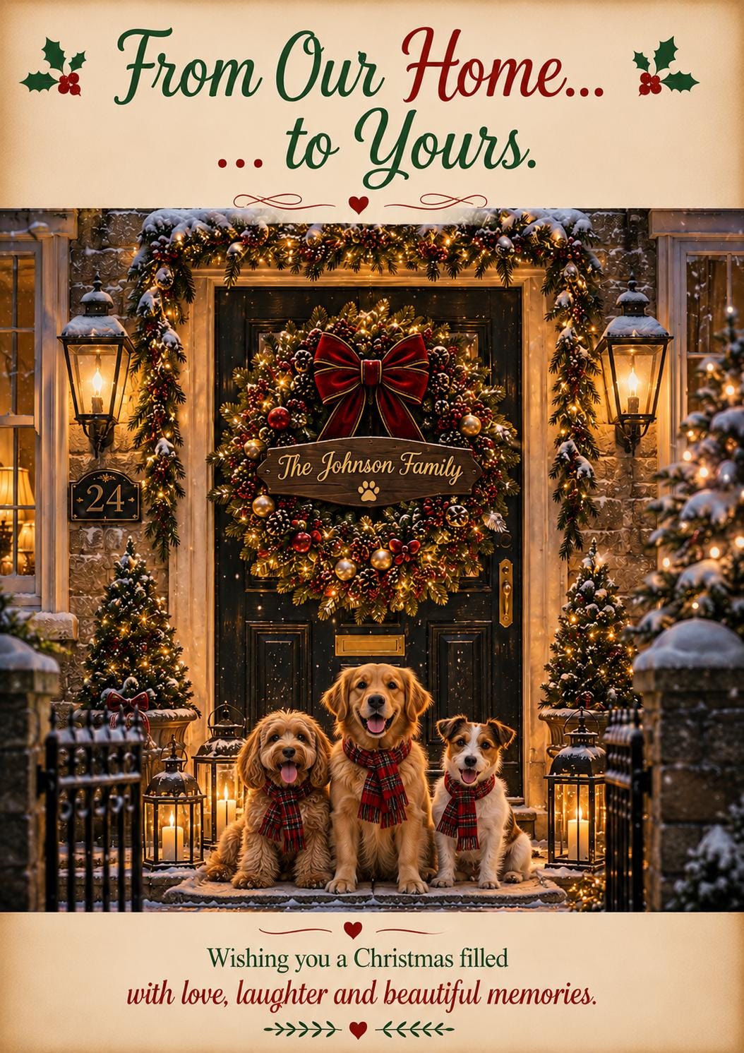 Personalised Dog Christmas Card, Custom Pet Photo, Family Name