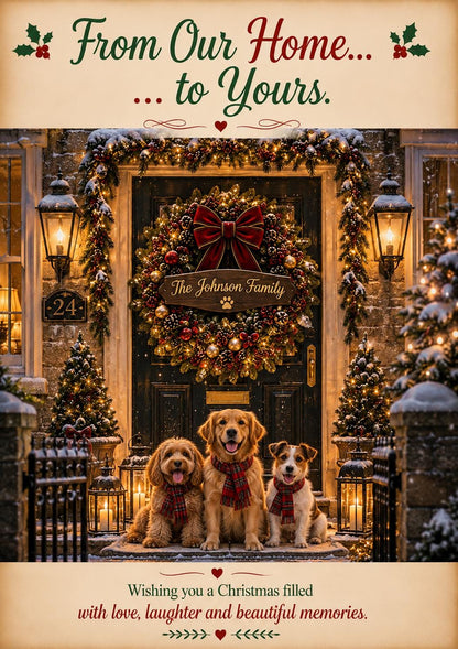 Personalised Dog Christmas Card, Custom Pet Photo, Family Name