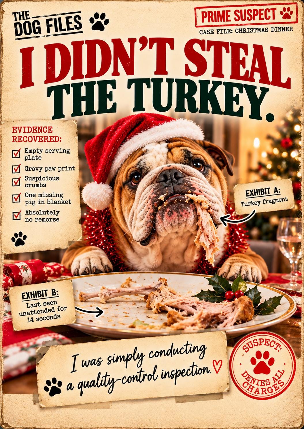 Funny Dog Christmas Card, I Didn't Steal The Turkey, Choose Your Breed