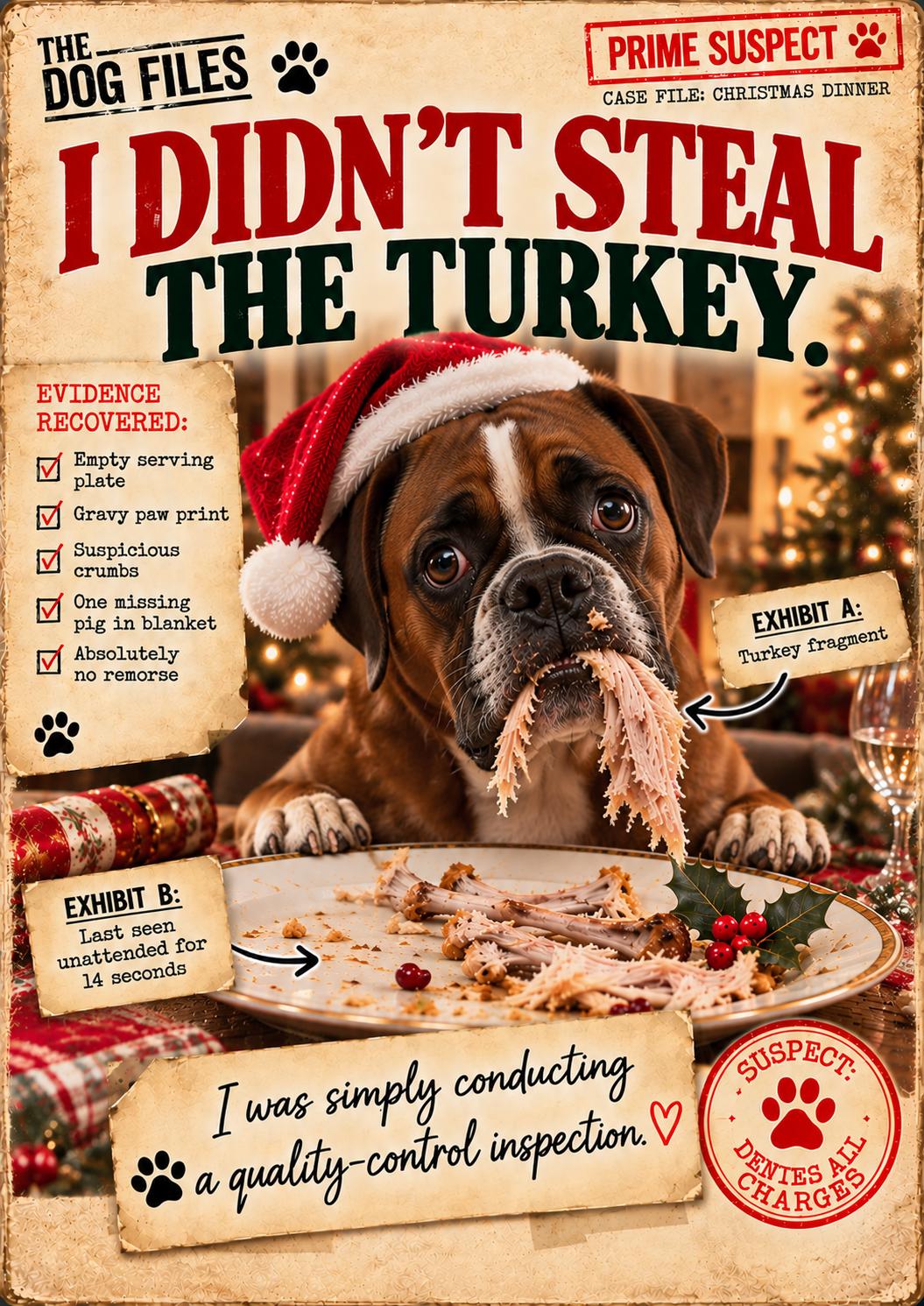 Funny Dog Christmas Card, I Didn't Steal The Turkey, Choose Your Breed