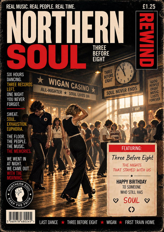 Personalised Northern Soul Birthday Card, Three Before Eight, Wigan Casino Inspired, Keep The Faith, Northern Soul Gift