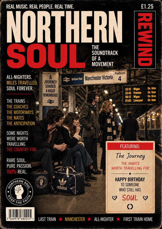 Personalised Northern Soul Birthday Card, Wigan Casino Journey, Manchester Victoria, Keep The Faith, Northern Soul Gift