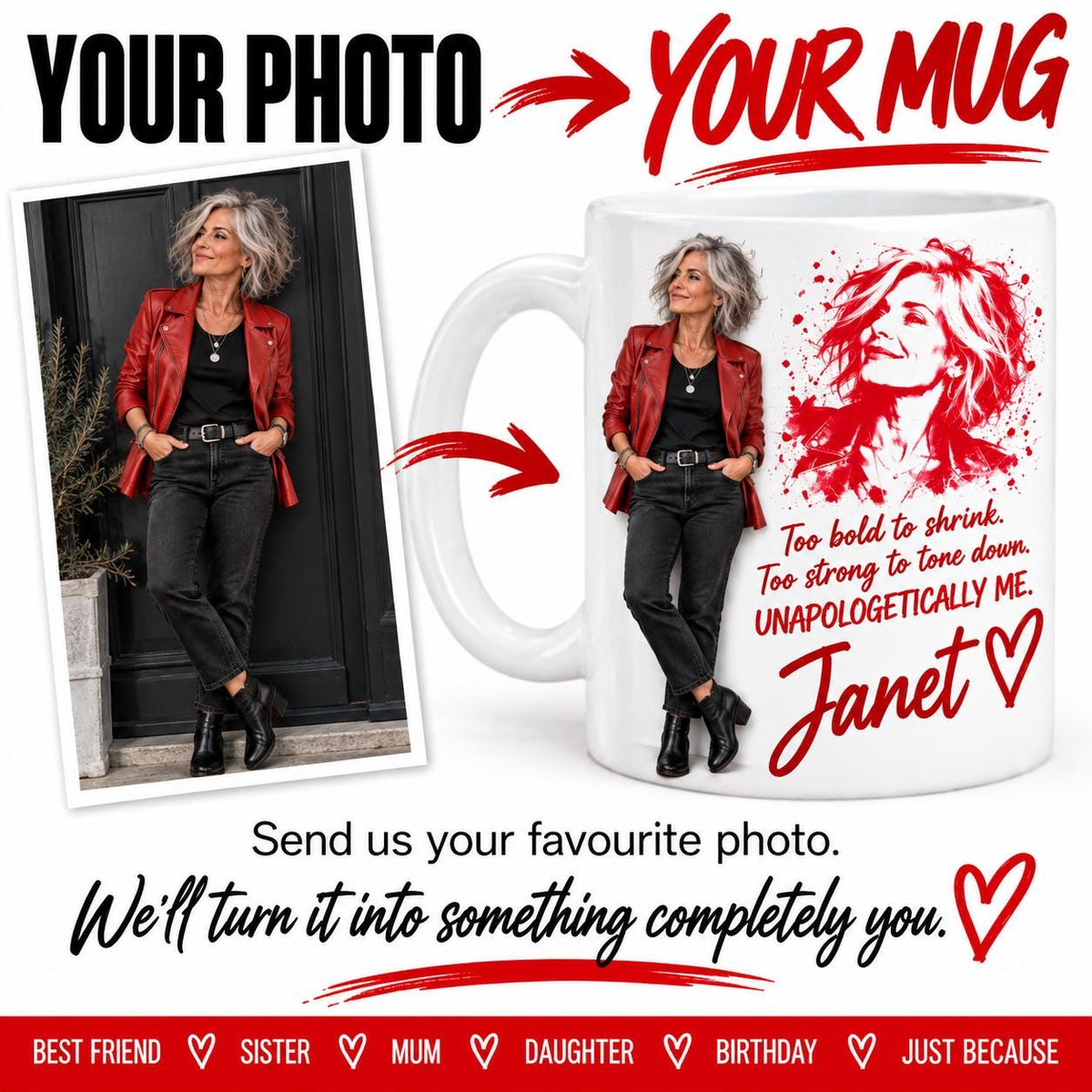 Personalised Photo Mug for Her, Fierce Custom Portrait Mug, Unique Birthday Gift for Women, Personalised Gift for Mum, Nan, Sister or Friend
