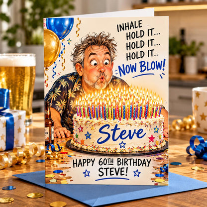 Personalised Funny Birthday Card for Him, Custom Age & Name Birthday Card, Too Many Candles Card, Personalised Inside