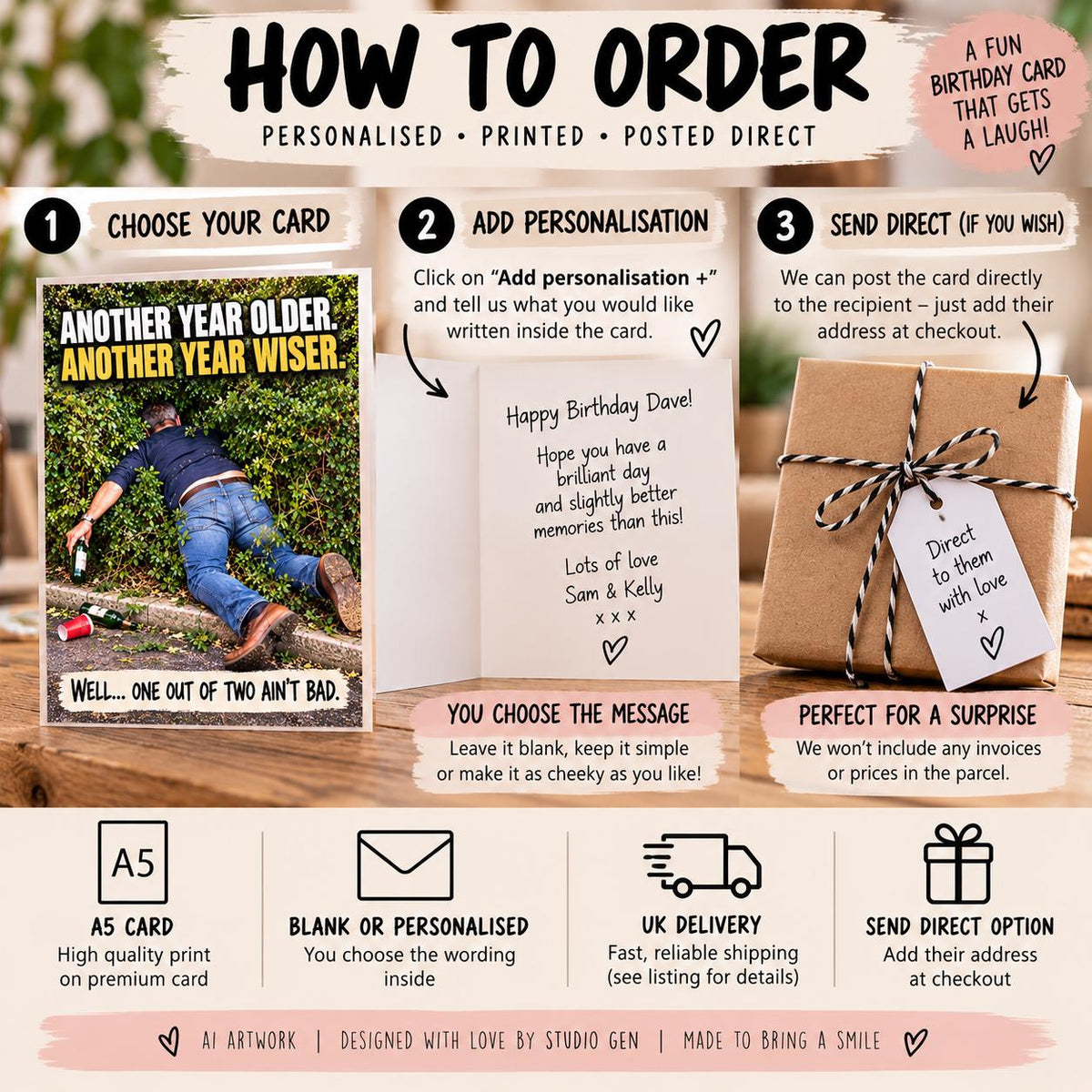 Funny Birthday Card for Him, Another Year Older Another Year Wiser, Rude Birthday Card, Men’s Drinking Humour Card, A5 Birthday Card