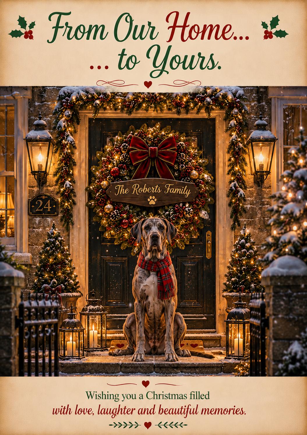 Personalised Dog Christmas Card, Custom Pet Photo, Family Name