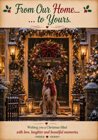 Personalised Dog Christmas Card, Custom Pet Photo, Family Name