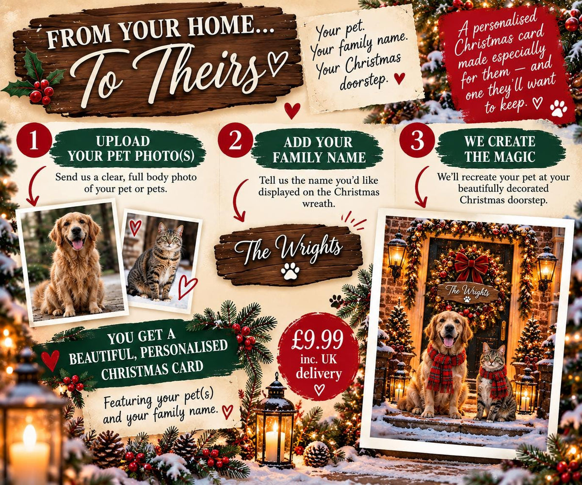 Personalised Dog Christmas Card, Custom Pet Photo, Family Name