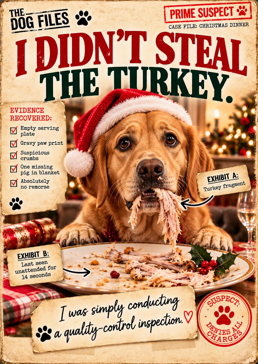 Funny Dog Christmas Card, I Didn't Steal The Turkey, Choose Your Breed