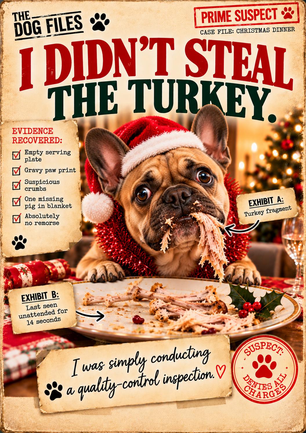 Funny Dog Christmas Card, I Didn't Steal The Turkey, Choose Your Breed