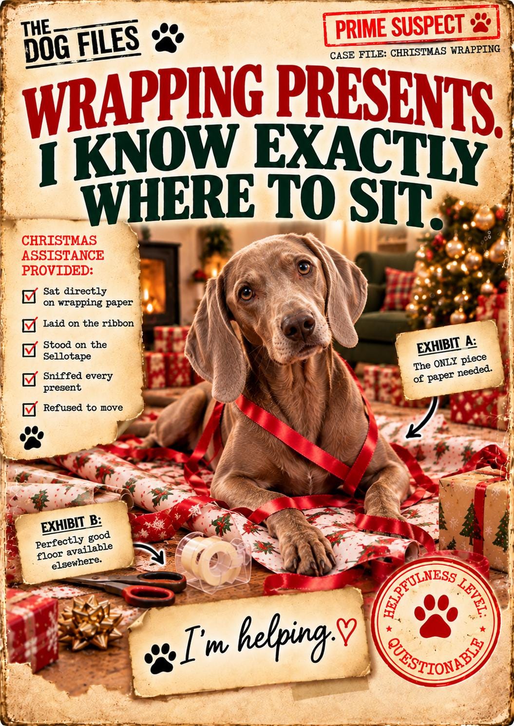 Funny Dog Christmas Card, Wrapping Paper Helper, Choose Your Breed (A5 Card)