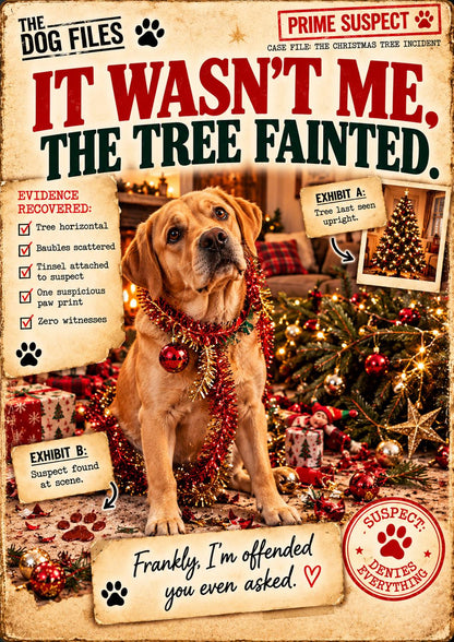 Funny Dog Christmas Card, Choose Your Breed or Add Your Dog, It Wasn’t Me The Tree Fainted, Personalised Xmas Card
