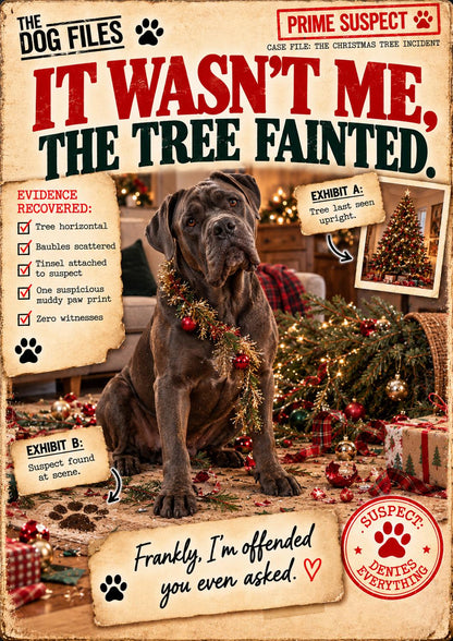 Funny Dog Christmas Card, Choose Your Breed or Add Your Dog, It Wasn’t Me The Tree Fainted, Personalised Xmas Card
