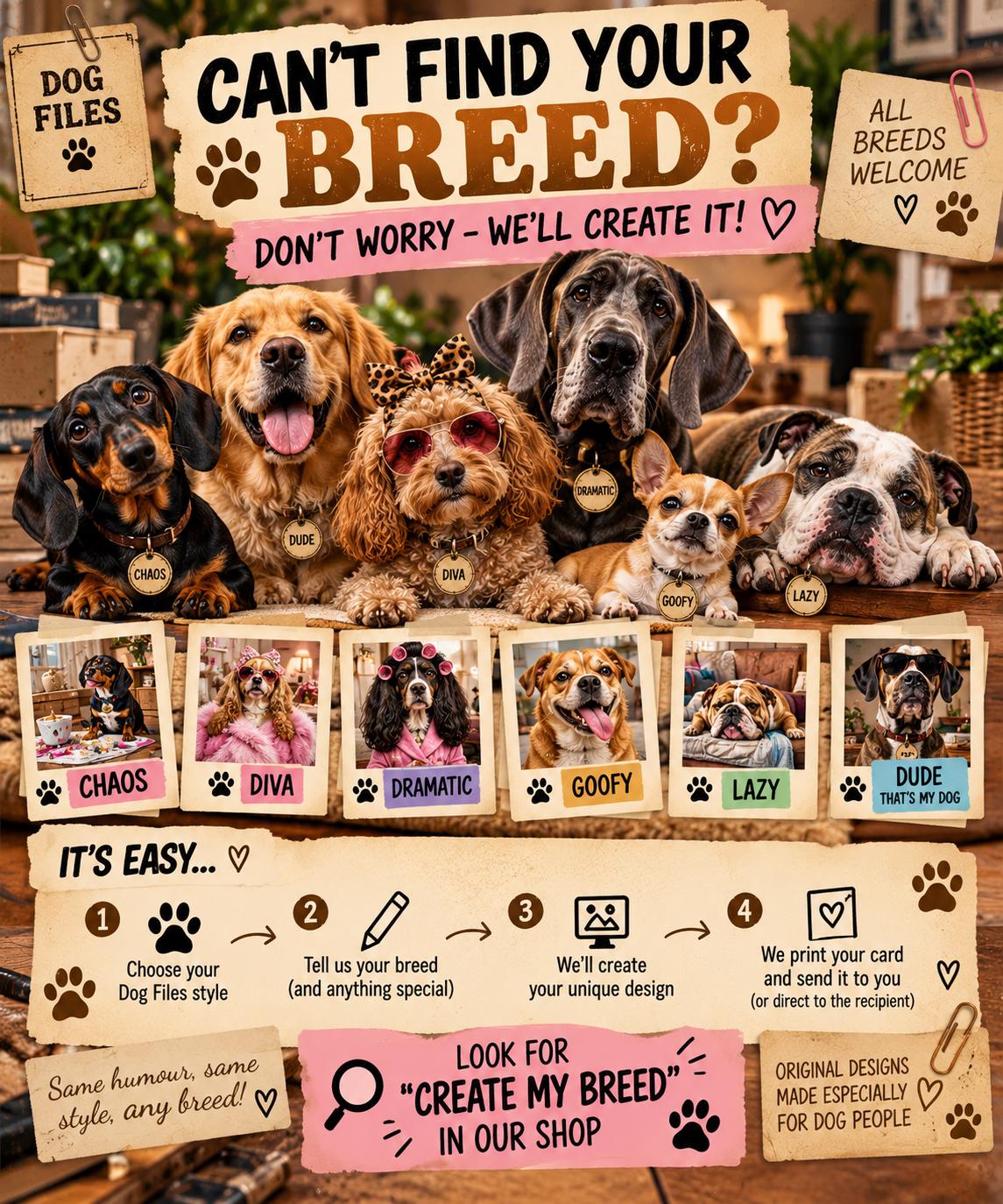 Custom Dramatic Dog Breed Card, Personalized Birthday Gift (A5 Card)