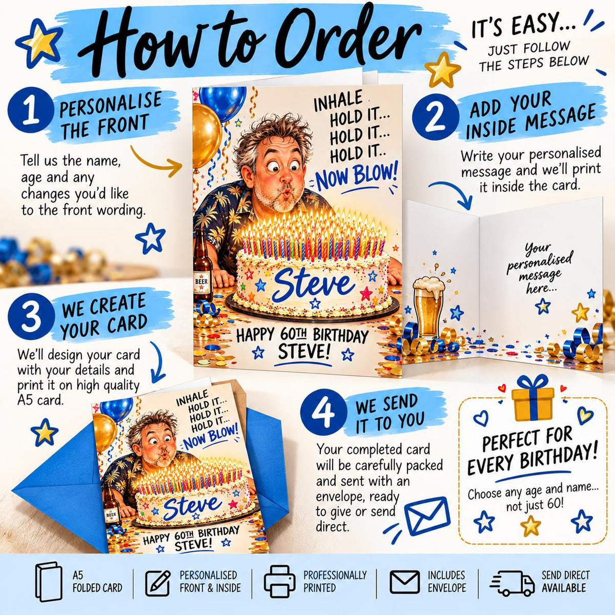 Personalised Funny Birthday Card for Him, Custom Age & Name Birthday Card, Too Many Candles Card, Personalised Inside
